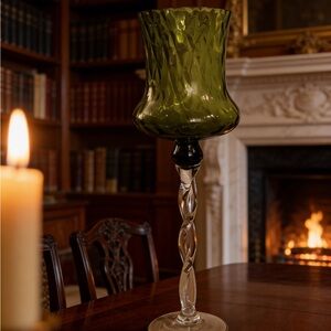 Vintage 1960s Empoli Italy Avocado Green Optic Glass Hurricane Vase 16" MCM